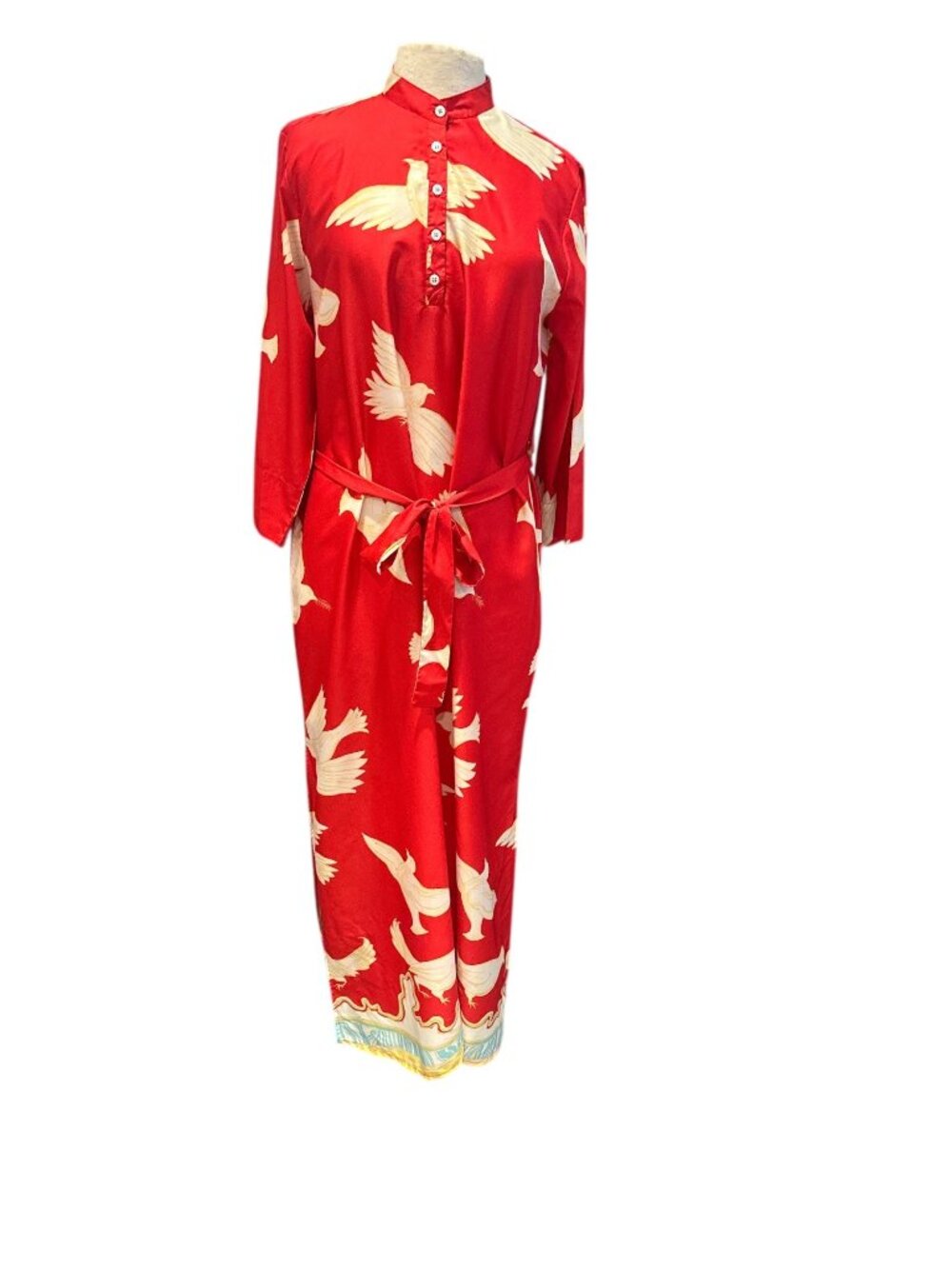 Moda Posa XL Red Bird Orint Maxi Dress Tue waist Mandarin Collar Boho Resort - Picture 2 of 11